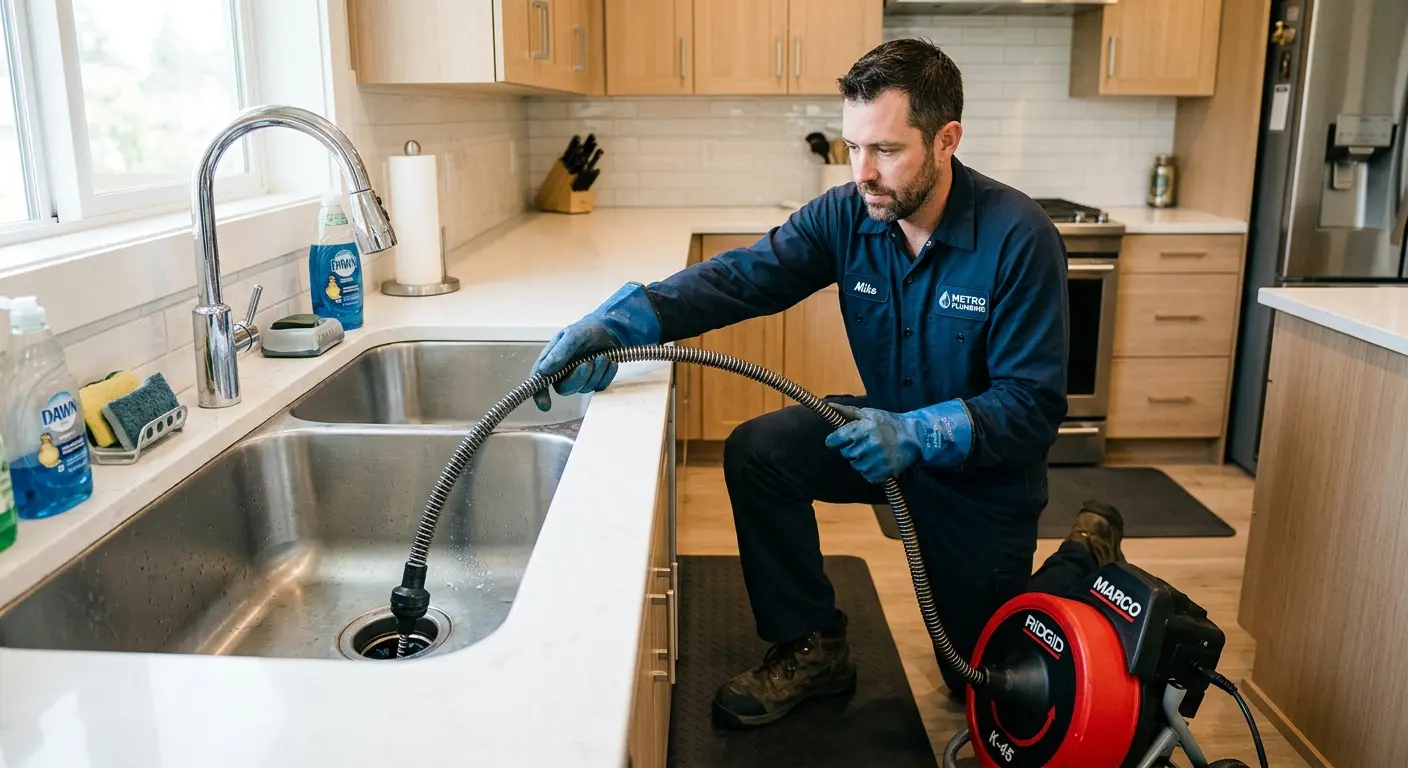 Drain cleaning technician using a motorized snake on a kitchen sink in Bronxville