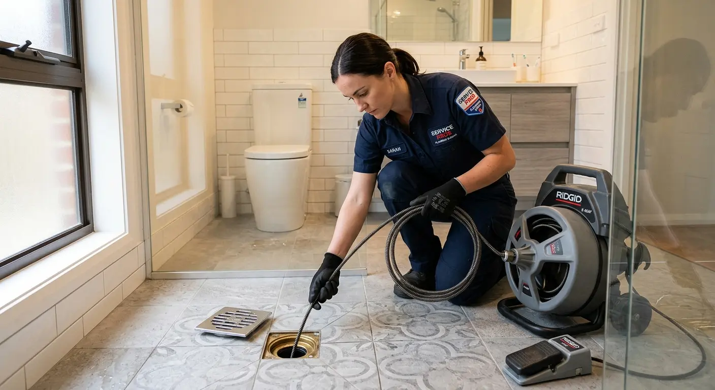 Technician clearing a bathroom floor drain for Sewer Line Replacement in Bronxville